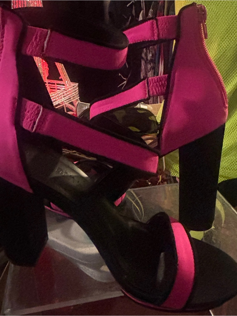 Wild Diva Strappy Block Heel Sandals - Hot Pink and Black